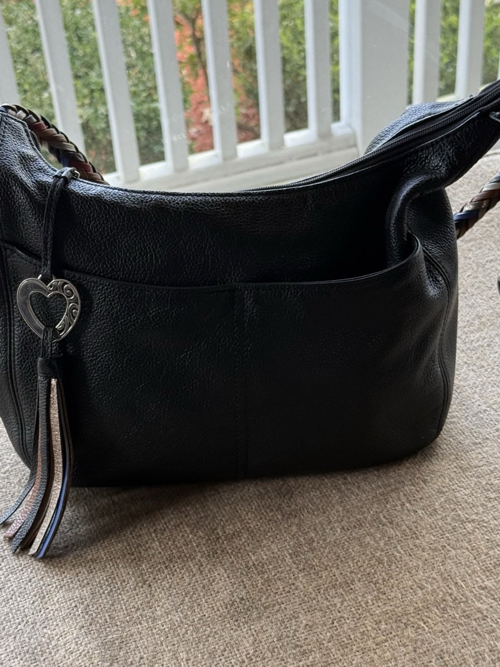 Brighton Barbados Ziptop Hobo classic black pebbled leather handbag